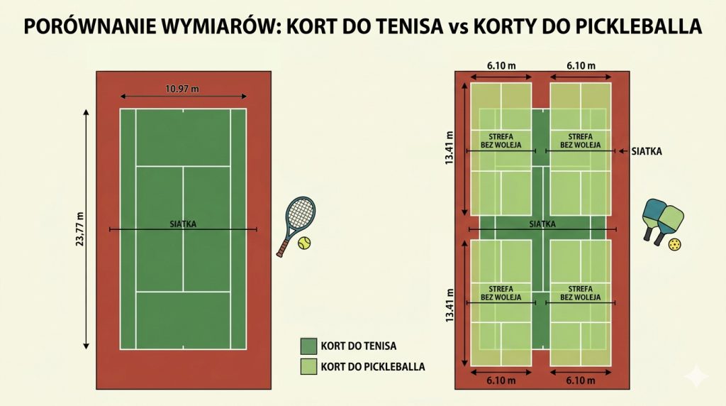 porównanie wymiarów kortu do tenisa i pickleballa